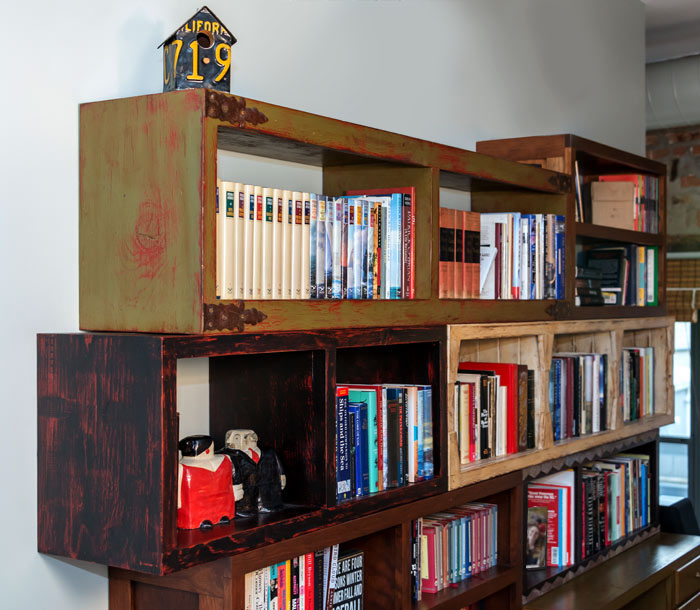 Folk Art Distress Finished Bookcases With Antique Hardware and Metalwork