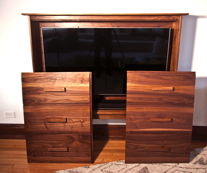 Walnut Post Modern TV Cabinet With Faux front Drawer Panels