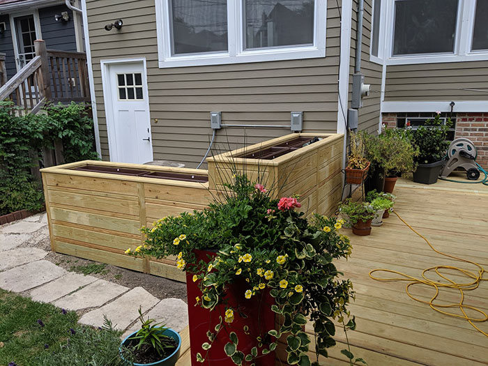 Backyard Deck with Planter Boxes, Trellis and Lighting