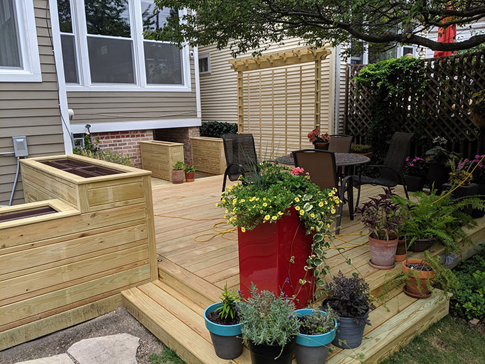 Backyard Deck with Planter Boxes, Trellis and Lighting